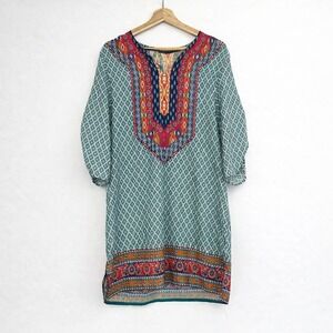 Urban Coco Teal Geometric Tunic Dress Boho Ethnic Print 3/4 Sleeve Size M